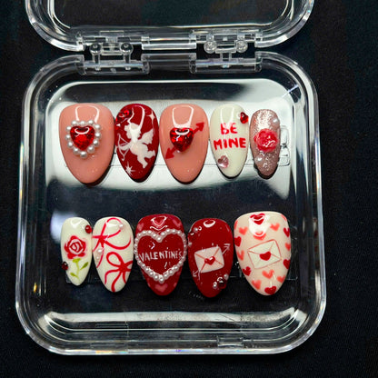 Valentine Press On Nails, Cupid Charms, Pearl Heart, Handmade