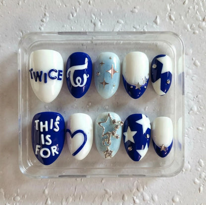 TWICE K-Pop Inspired Press On Nails | ONCE Blue Starry Nail Art | K-Idol Concert Nails | 3D Sparkle & Logo Nails | Handmade K-Pop Nails