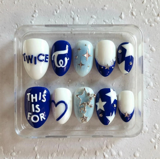 TWICE K-Pop Inspired Press On Nails | ONCE Blue Starry Nail Art | K-Idol Concert Nails | 3D Sparkle & Logo Nails | Handmade K-Pop Nails