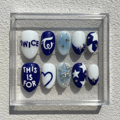 TWICE K-Pop Inspired Press On Nails | ONCE Blue Starry Nail Art | K-Idol Concert Nails | 3D Sparkle & Logo Nails | Handmade K-Pop Nails