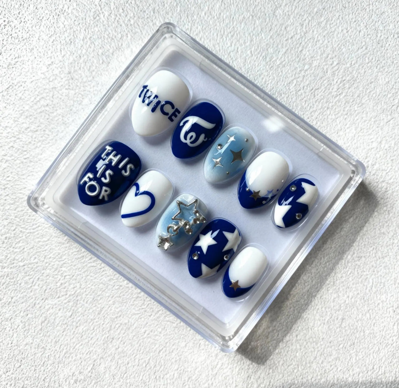 TWICE K-Pop Inspired Press On Nails | ONCE Blue Starry Nail Art | K-Idol Concert Nails | 3D Sparkle & Logo Nails | Handmade K-Pop Nails