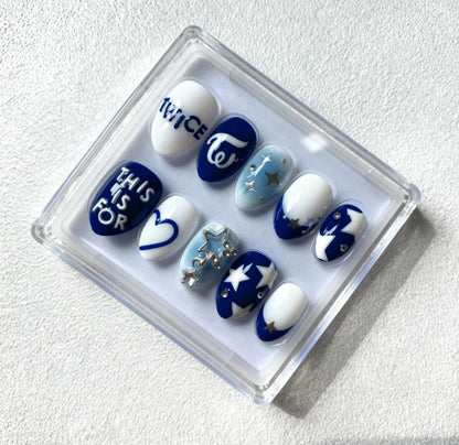 TWICE K-Pop Inspired Press On Nails | ONCE Blue Starry Nail Art | K-Idol Concert Nails | 3D Sparkle & Logo Nails | Handmade K-Pop Nails