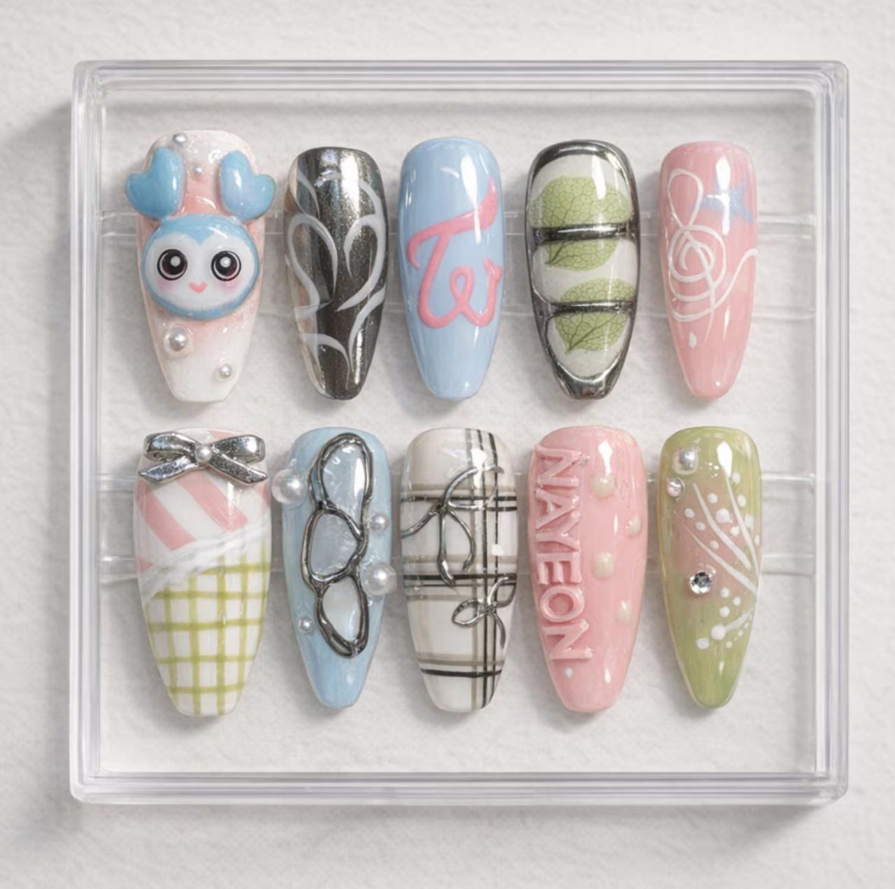 Nayeon Press On Nails | TWICE Bunny Nails | K-Pop Handmade Nail Art | Cute Pastel Plaid Nails | 3D Bunny & TW Logo Nails