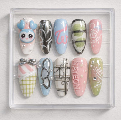 Nayeon Press On Nails | TWICE Bunny Nails | K-Pop Handmade Nail Art | Cute Pastel Plaid Nails | 3D Bunny & TW Logo Nails