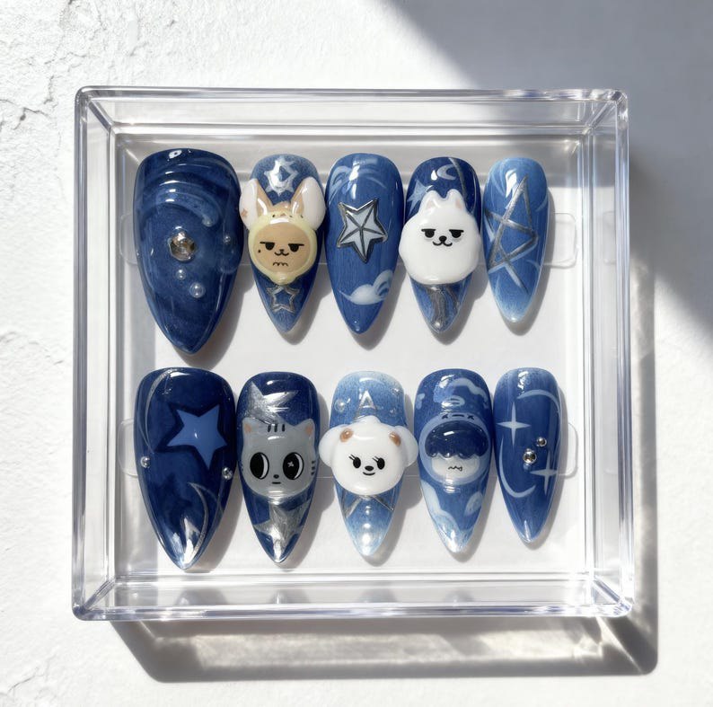 Pp.ulbatu Inspired Press On Nails | Blue Star And Moon Nail Set | Cute Cartoon Character Nails | Kpop Fan Art Handmade Nails