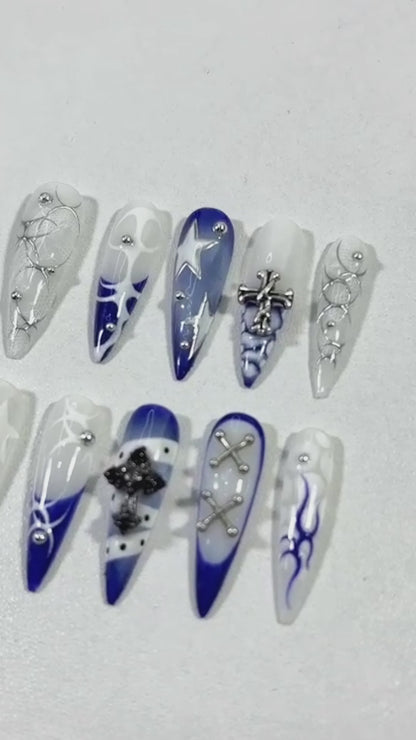Gothic Punk Press On Nails with 3D Cross, Chains & Blue Flame Art