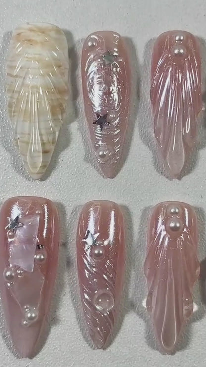 Seashell Nude Press On Nails with 3D Pearls, Starfish & Jelly Shine