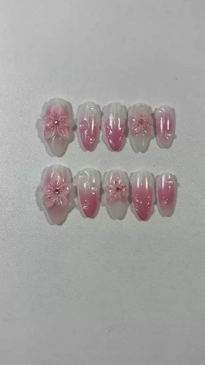 Pink Ombre Press On Nails with 3D Sakura Flowers & Dew Drops