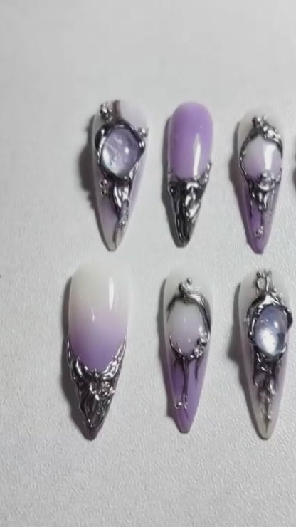 Iridescent Galaxy Press On Nails with 3D Crystals & Metal Frames
