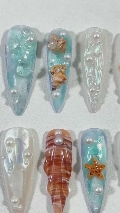 Ocean Pearl Press On Nails with 3D Starfish, Shell & Jelly Waves