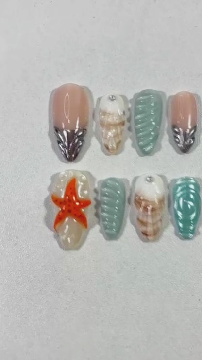 Ocean Shell Press On Nails, 3D Starfish Nail Art, Beachy Summer Nails, Glossy Seashell Texture
