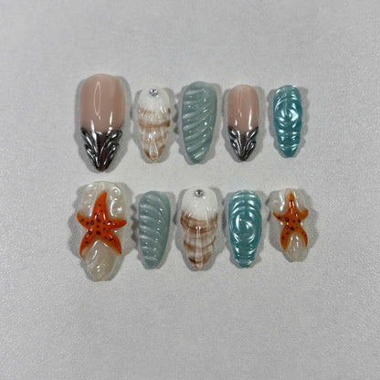 Ocean Shell Press On Nails, 3D Starfish Nail Art, Beachy Summer Nails, Glossy Seashell Texture