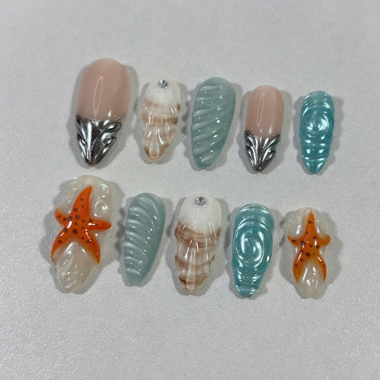 Ocean Shell Press On Nails, 3D Starfish Nail Art, Beachy Summer Nails, Glossy Seashell Texture