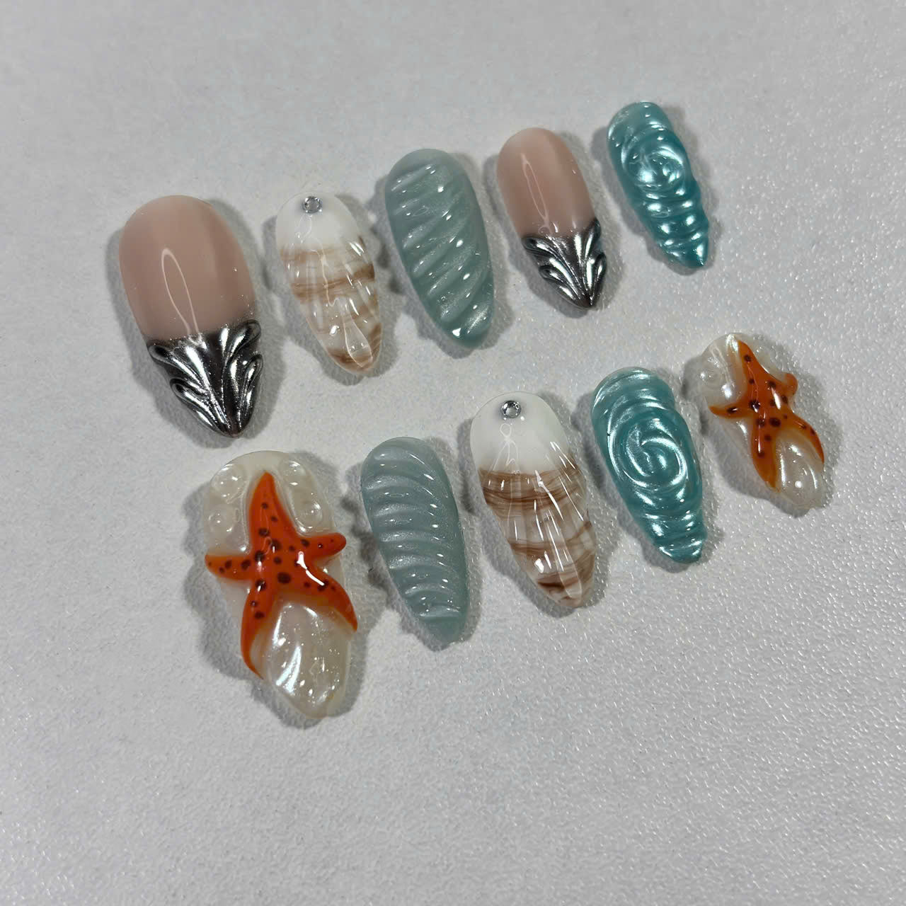 Ocean Shell Press On Nails, 3D Starfish Nail Art, Beachy Summer Nails, Glossy Seashell Texture
