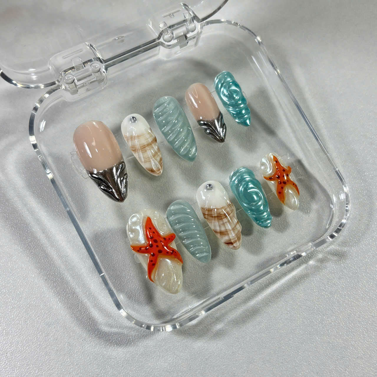 Ocean Shell Press On Nails, 3D Starfish Nail Art, Beachy Summer Nails, Glossy Seashell Texture