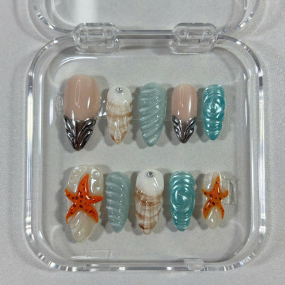 Ocean Shell Press On Nails, 3D Starfish Nail Art, Beachy Summer Nails, Glossy Seashell Texture
