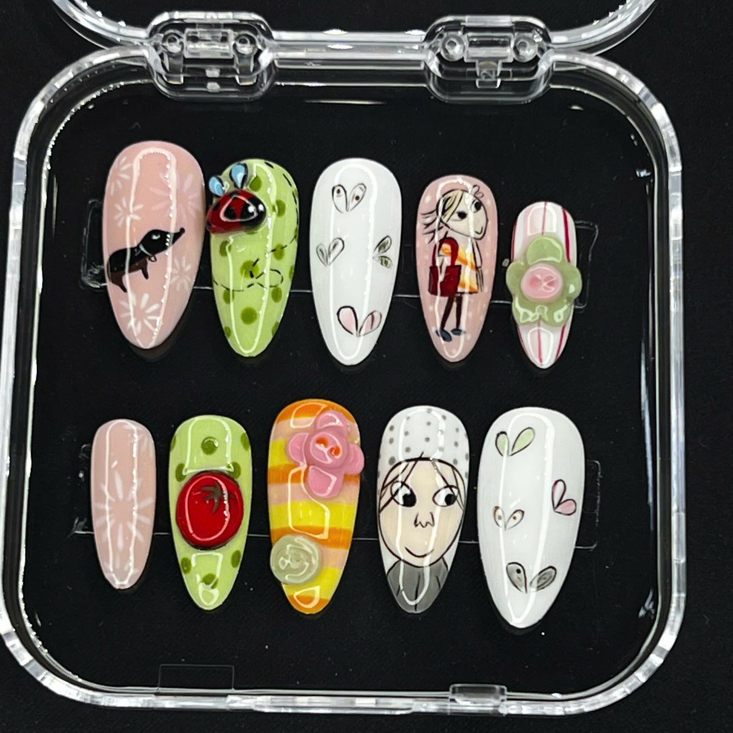 Charlie and Lola Press On Nails | Cute Cartoon Style | Hand-Painted Dog, Ladybug, Girl & Tomato | Pastel Pink Green | Kawaii Gel Nails Set