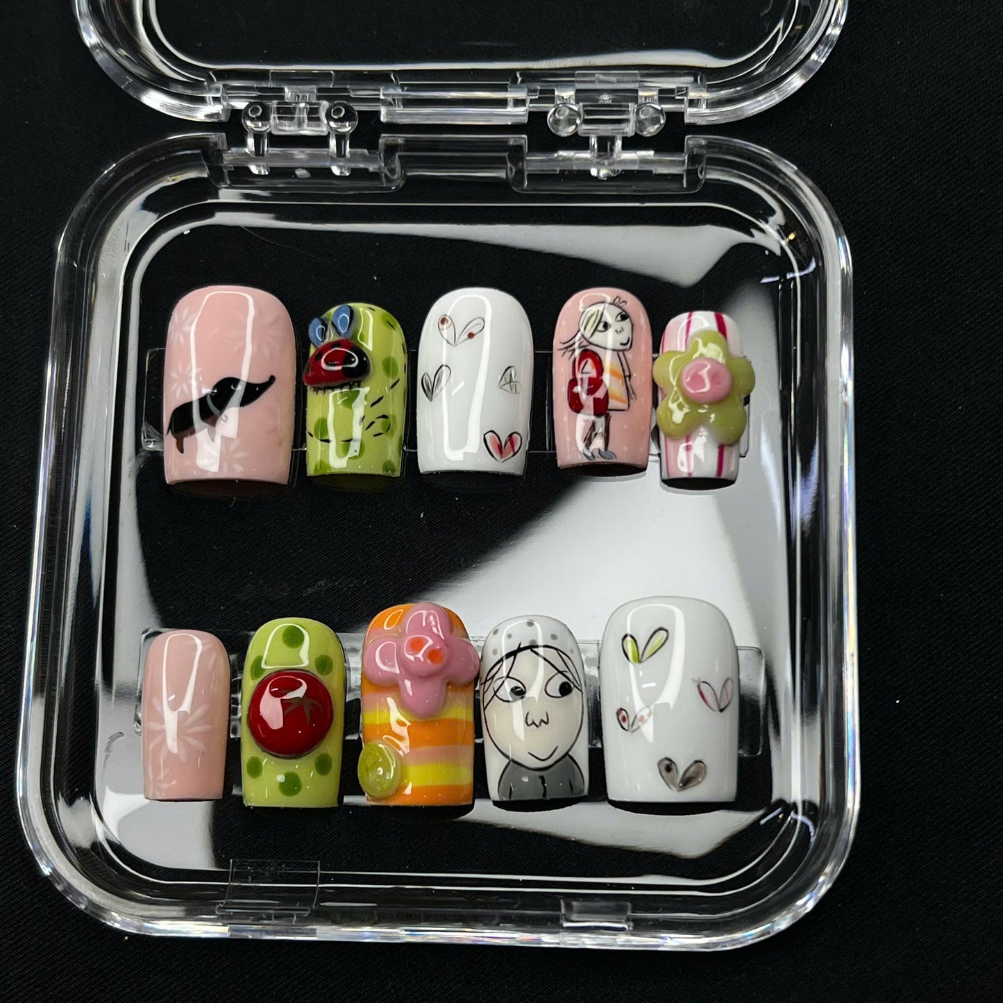 Charlie and Lola Press On Nails | Cute Cartoon Style | Hand-Painted Dog, Ladybug, Girl & Tomato | Pastel Pink Green | Kawaii Gel Nails Set